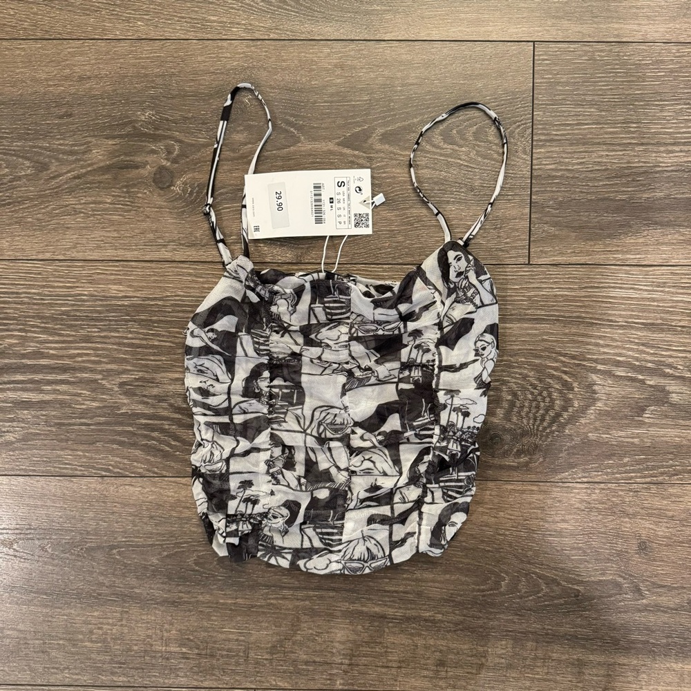 Zara Comic Print Tulle Mesh Top